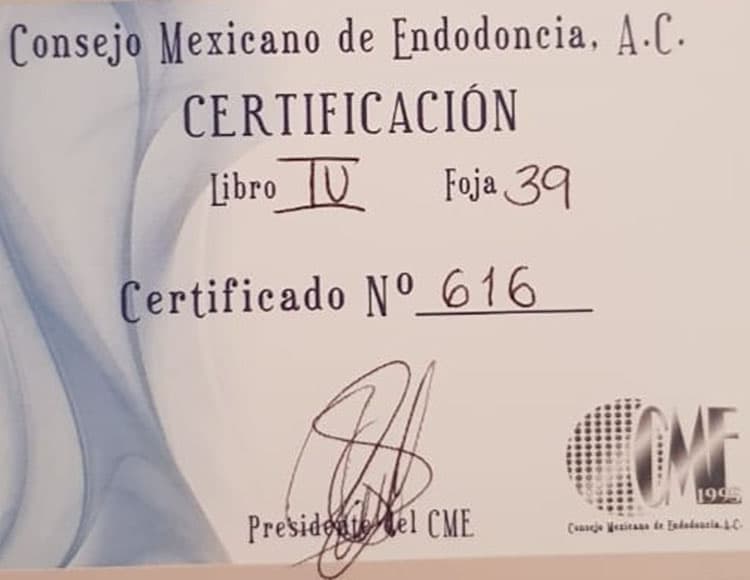 Certificado de endodoncia del Consejo Mexicano de Endodoncia, con detalles de certificación y firma del presidente.