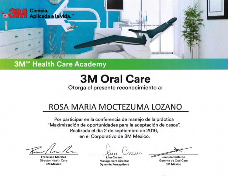 Certificado de reconocimiento otorgado a Rosa María Moctezuma Lozano por 3M Oral Care, destacando su participación en conferencia sobre manejo de práctica dental, con fondo de consultorio dental.
