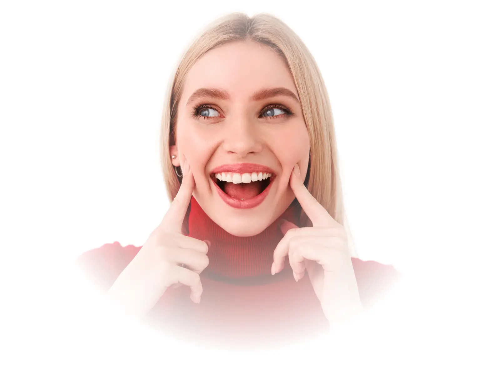 Mujer sonriendo y señalando sus dientes, destacando los resultados de un tratamiento de blanqueamiento dental estético en La Clinica Dental.