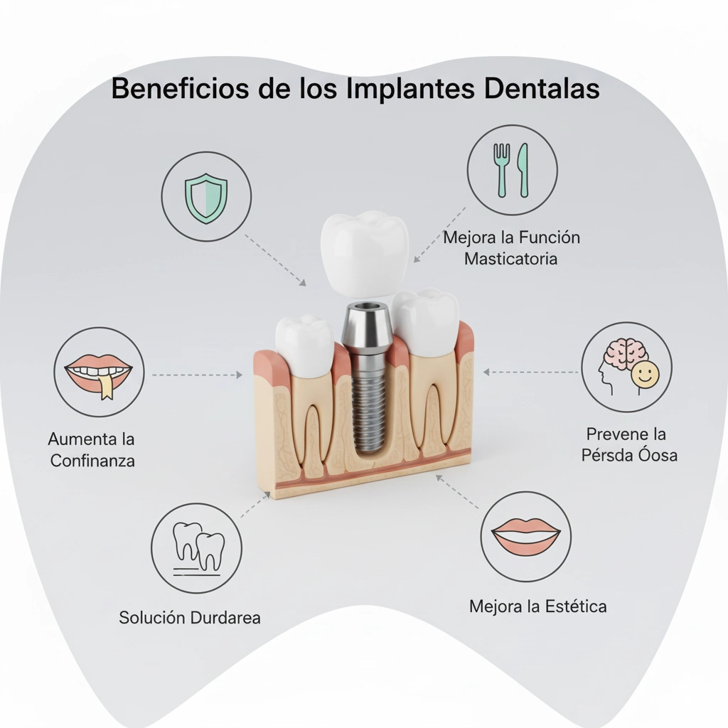 Beneficios de los implantes dentales, incluyendo mejora de la función masticatoria, aumento de la confianza, prevención de la pérdida ósea, mejora de la estética y solución duradera.