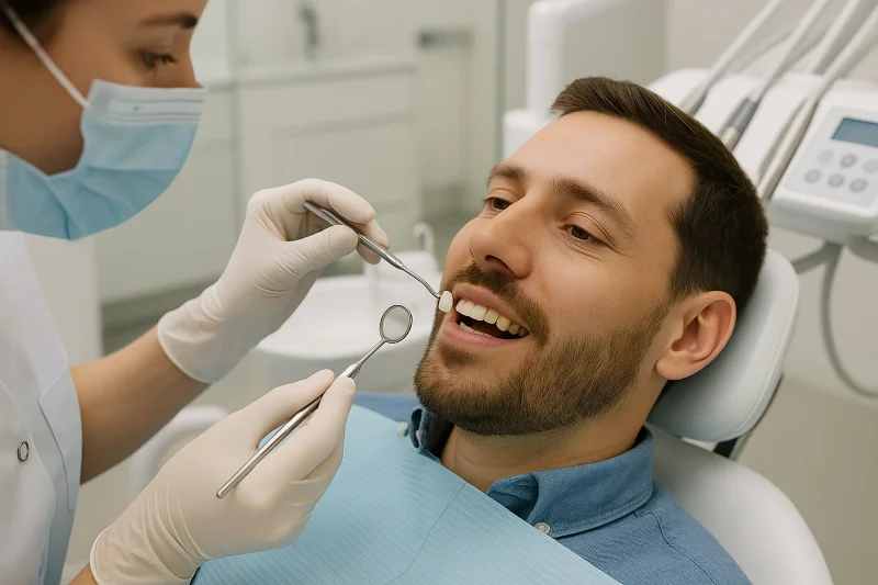 Dentist examining a patient’s teeth with dental tools in a modern clinic setting, highlighting aesthetic dental care and treatments.