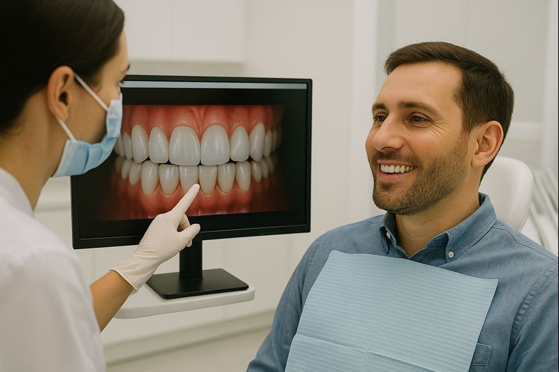 Dentist showing patient a digital image of perfect teeth on monitor, emphasizing dental aesthetics and implant options at La Clínica Dental in CDMX.