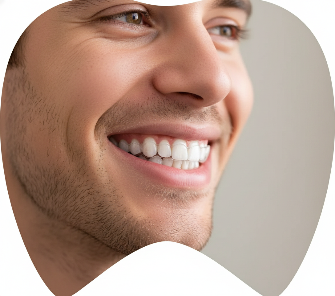 Hombre sonriendo con dientes alineados y visibles usando Invisalign, resaltando el tratamiento ortodóntico para una sonrisa estética y funcional.