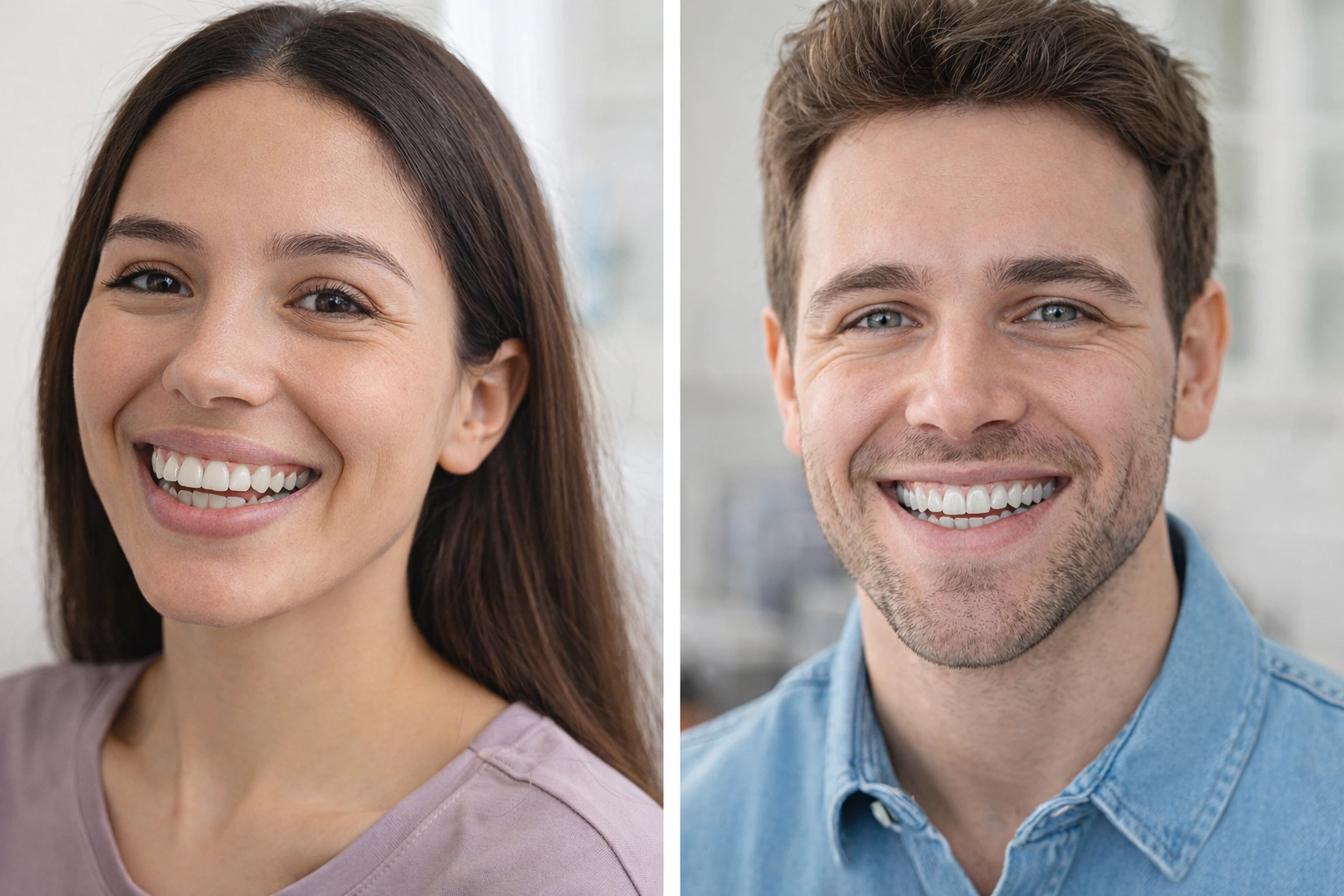Sonrisa de mujer y hombre mostrando dientes alineados, representando resultados de tratamiento de ortodoncia con Invisalign en La Clínica Dental.