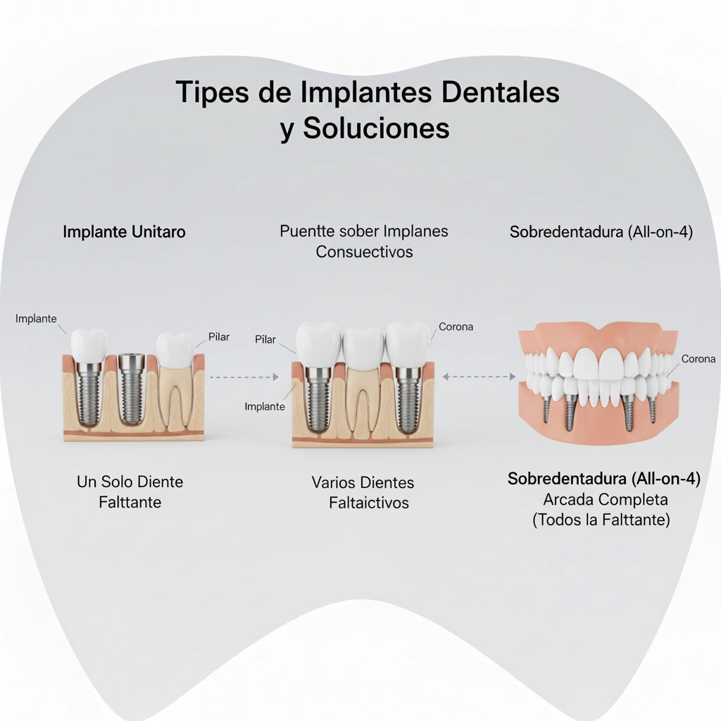 Tipos de implantes dentales y soluciones, incluyendo implante unitario, puente sobre implantes consecutivos y sobredentadura (All-on-4) para reemplazo de dientes perdidos.