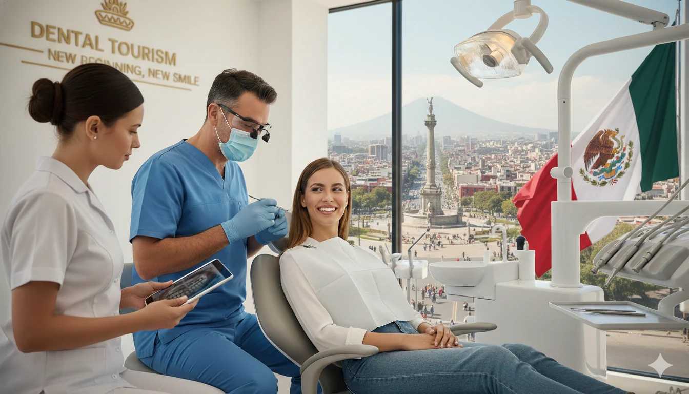 Dentista atendiendo a paciente sonriente en clínica dental con vista a monumento en Ciudad de México, bandera mexicana y enfoque en turismo dental.