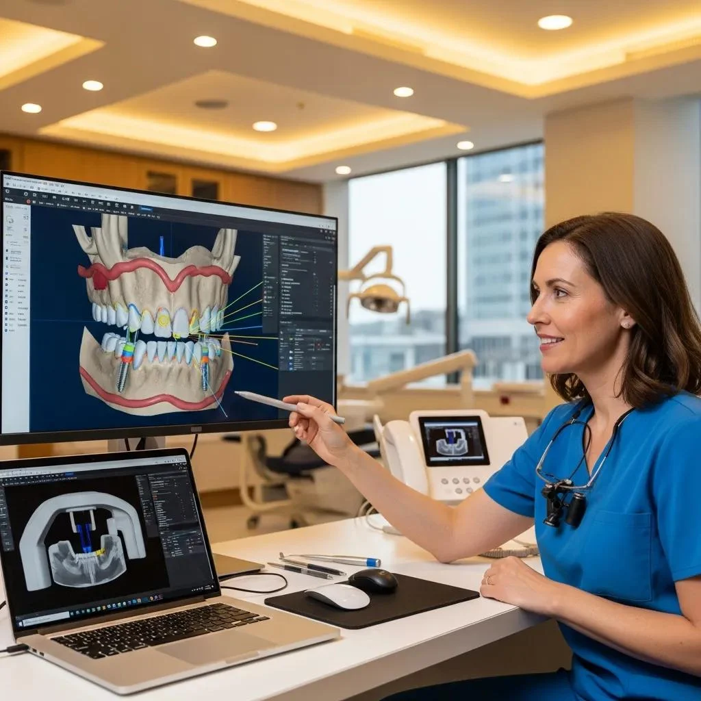 Mujer dentista señalando un modelo 3D de implantes dentales en pantalla, trabajando con tecnología avanzada para la planificación de cirugía dental guiada por computadora.