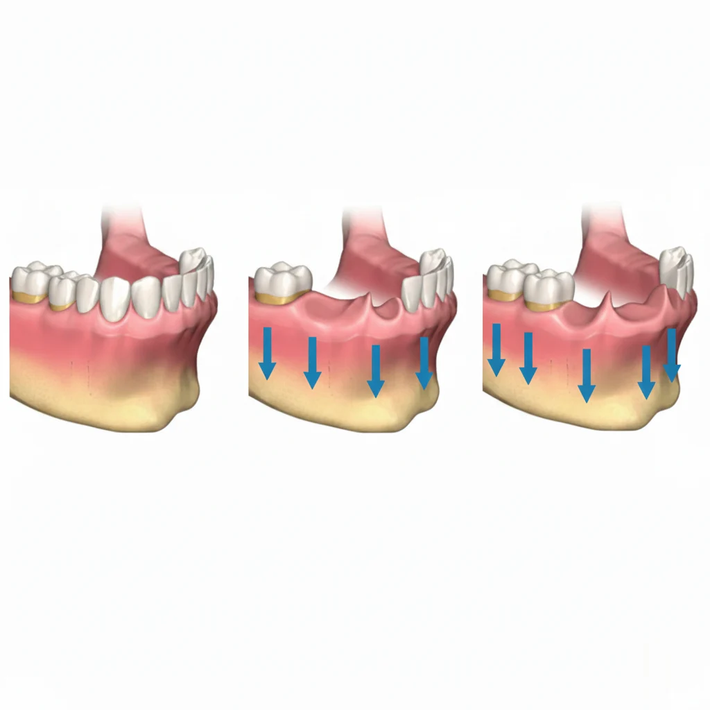 Diagrama de pérdida ósea dental mostrando etapas de reabsorción del hueso alveolar y su impacto en la estabilidad de implantes, relacionado con tratamientos de injertos y rehabilitación dental.