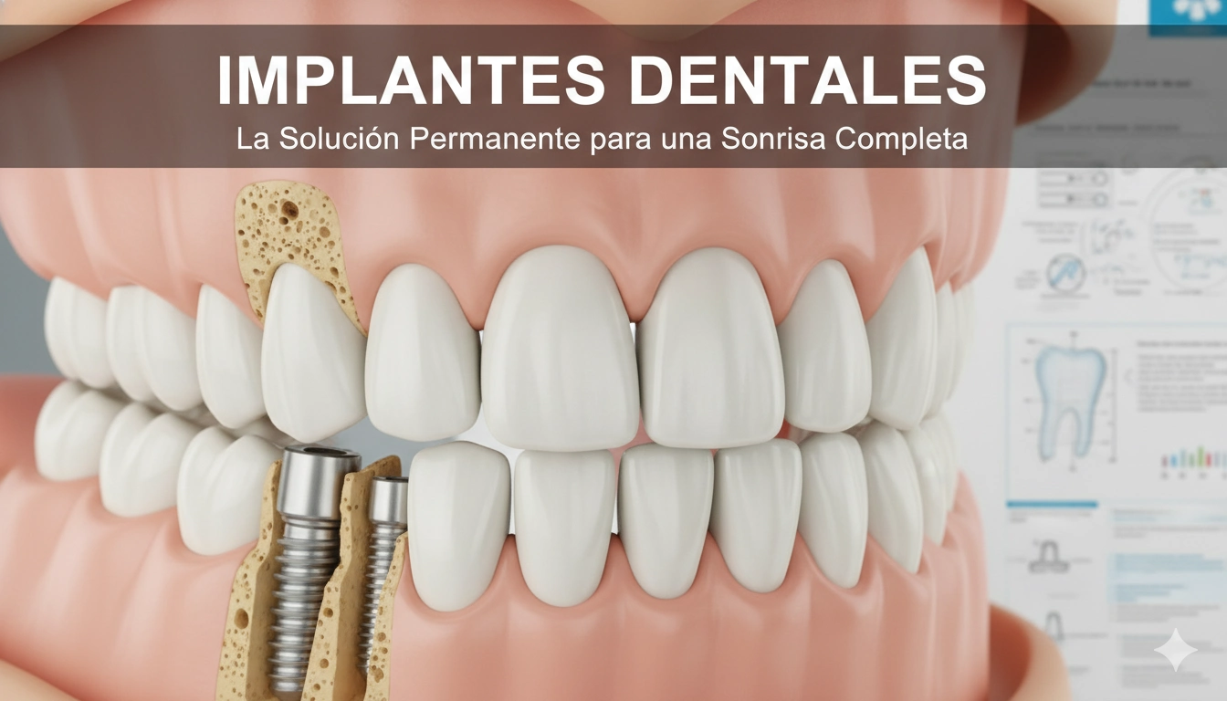 Implantes dentales en modelo 3D, mostrando la estructura del implante y su integración en la mandíbula, con texto sobre la solución permanente para una sonrisa completa.