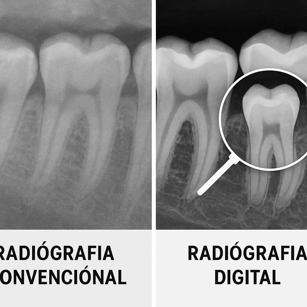 Radiografías dentales comparativas: imagen de radiografía convencional a la izquierda y radiografía digital a la derecha, destacando la claridad y detalle mejorado de la imagen digital.