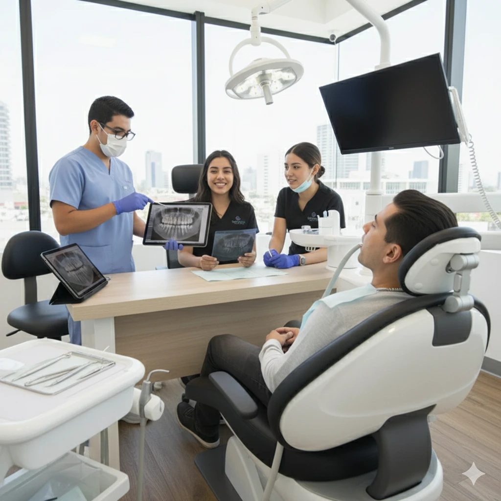 Dentist discussing treatment options with patient, showing dental X-rays, in modern dental clinic setting, emphasizing comprehensive dental care and planning.