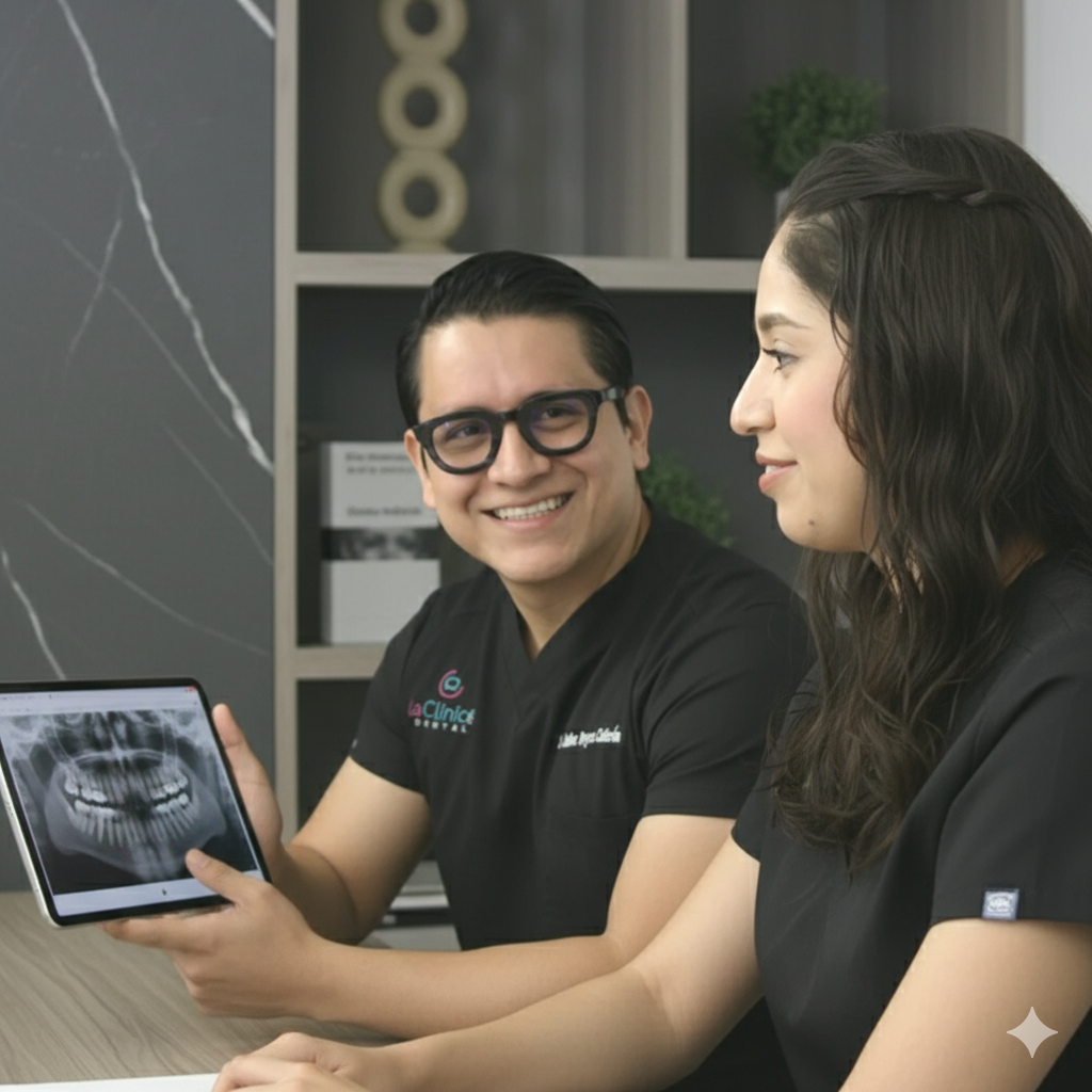 Dentist showing dental X-ray on tablet to patient in consultation at La Clínica Dental, discussing complex dental treatments and bone health.