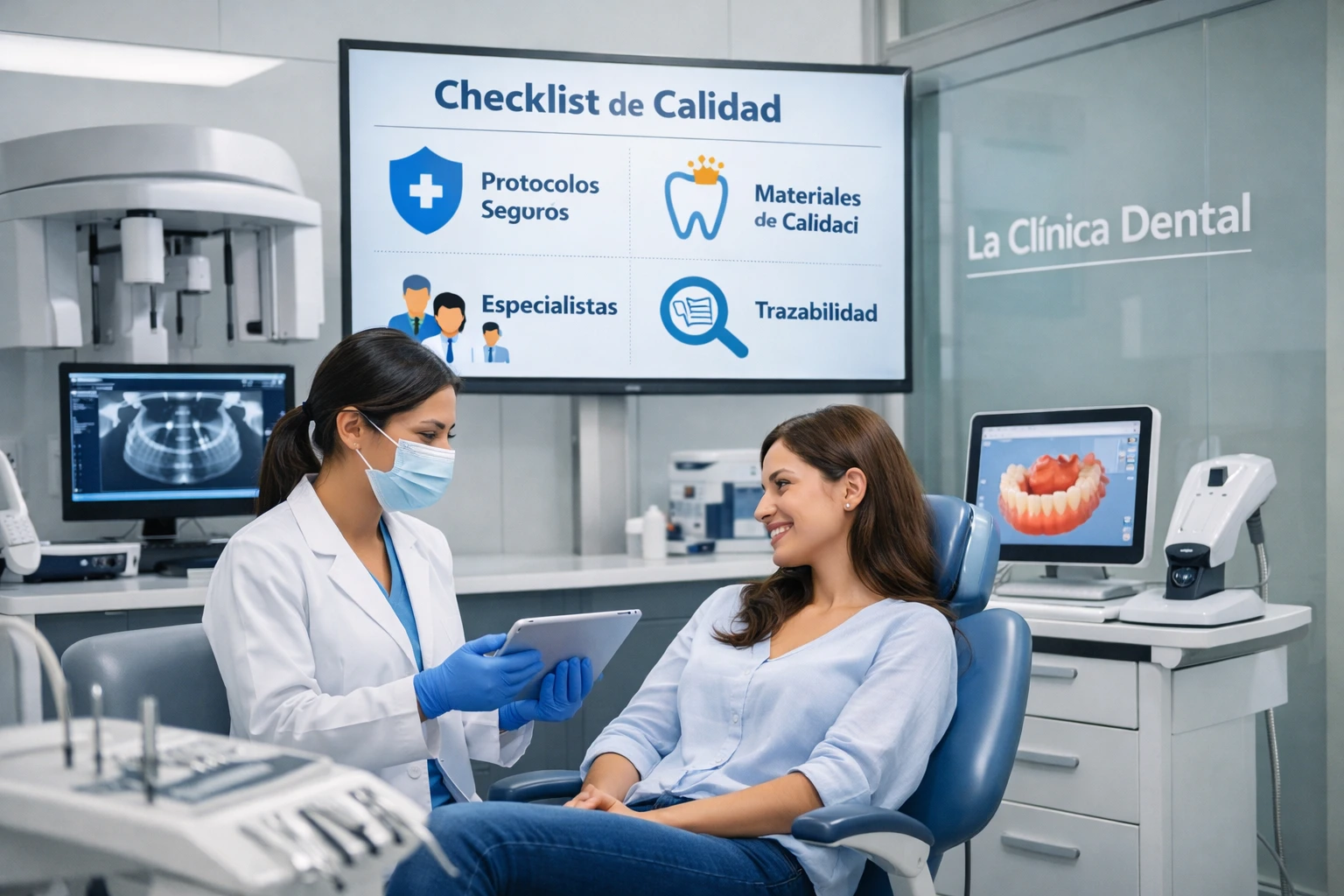 Mujer sonriente en silla dental conversando con doctora en clínica dental, pantalla mostrando "Checklist de Calidad" con íconos de protocolos seguros, materiales de calidad, especialistas y trazabilidad.