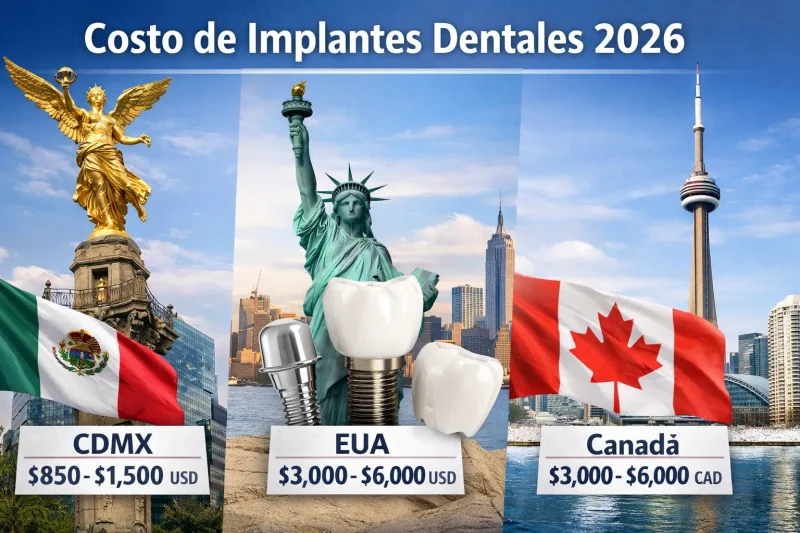 Costo de implantes dentales 2026, comparativa entre CDMX (0-,500 USD), EUA (,000-,000 USD) y Canadá (,000-,000 CAD), con imágenes de monumentos y banderas representativas.