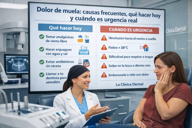 Médica explicando causas y soluciones para el dolor de muela a paciente, con pantalla informativa sobre acciones a tomar y signos de urgencia, en La Clínica Dental.