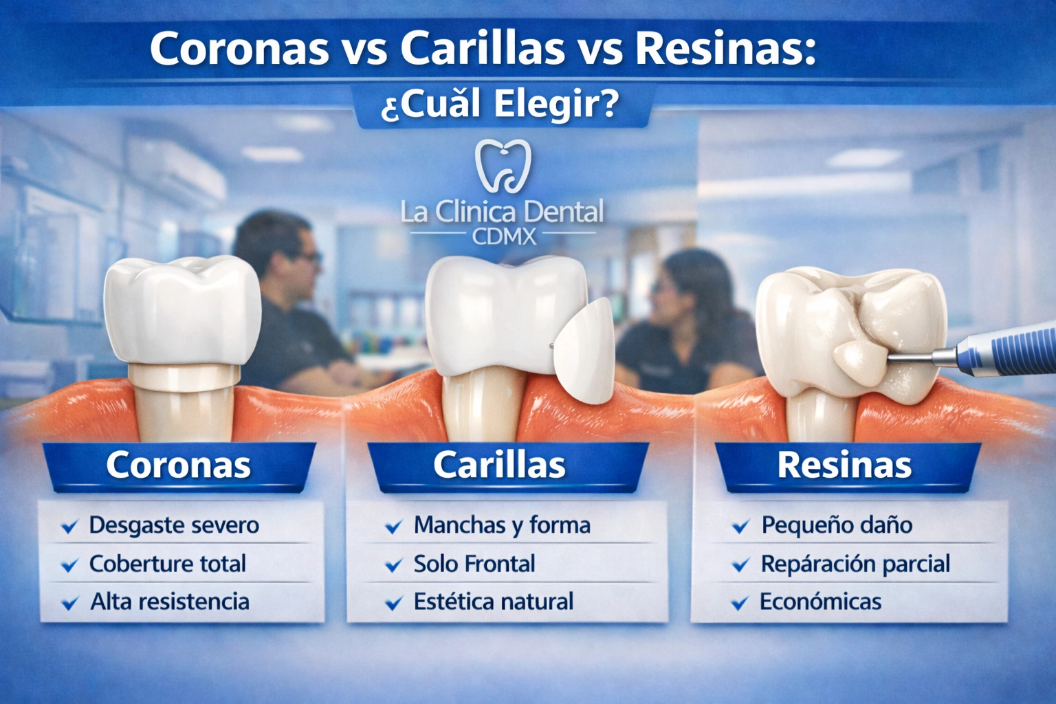 Coronas, carillas y resinas dentales comparadas, destacando características y beneficios, La Clínica Dental CDMX.