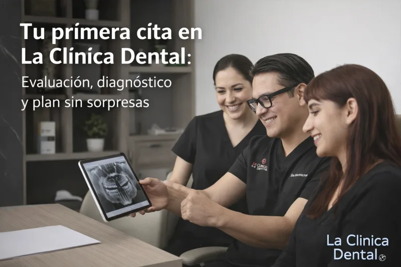 Tres profesionales de La Clínica Dental revisando radiografías en una consulta inicial, enfatizando evaluación, diagnóstico y plan sin sorpresas.