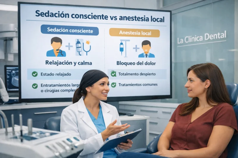 Médico explicando diferencias entre sedación consciente y anestesia local en La Clínica Dental, con gráfico informativo sobre relajación y bloqueo del dolor.